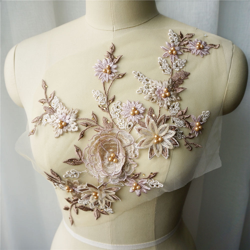 Brunt blonderstof 3d blomster applikationer perler rhinestones blade broderi mesh sy på patch til bryllup dekoration kjole diy