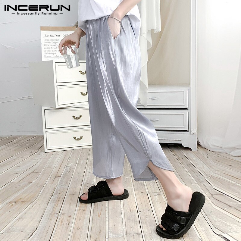 Incerun mænd afslappede løse bukser sommer joggers streetwear faux silke tynde bukser åndbare solide smarte pantalones hombre