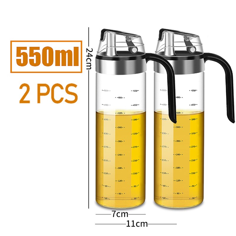 Grande Bouteille en Verre à Rabat et Bouchon Automatique, Distributeur d'Huile d'Olive, Conteneur de Condiments, Cruet Étanche de Vinaigre: 550ML 2pcs
