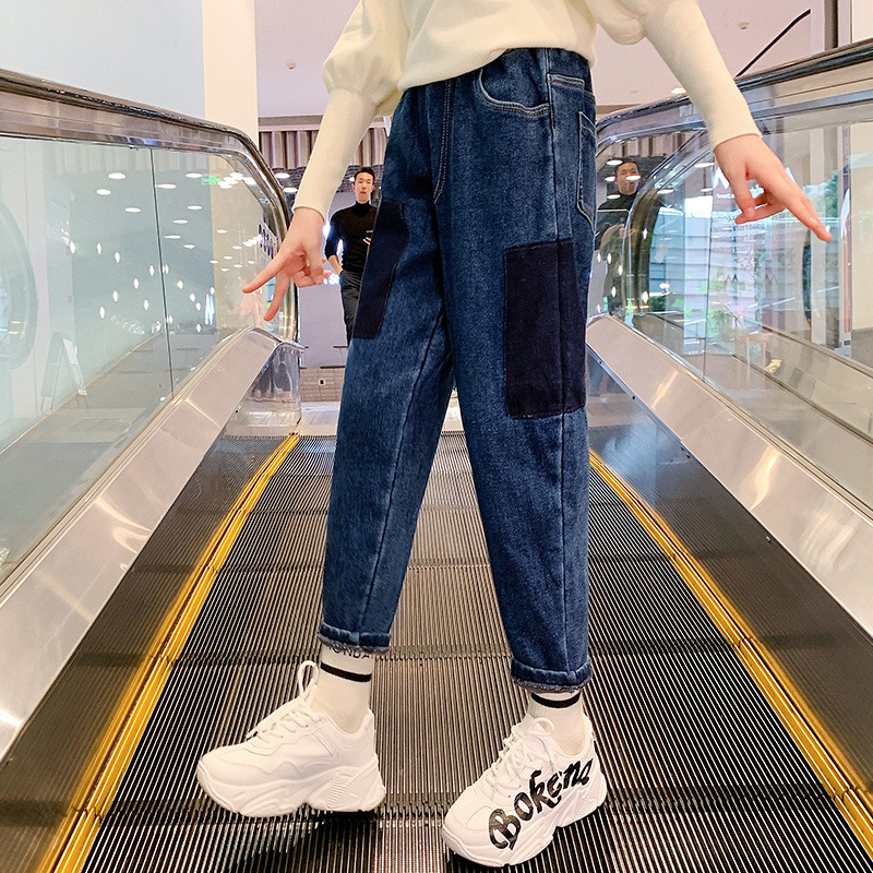 Girls Autumn Denim Pants Outer Wear Children Winter Clothes Kids Casual Sport Slacks Stitching Teenage Plus Velvet Padded Jeans