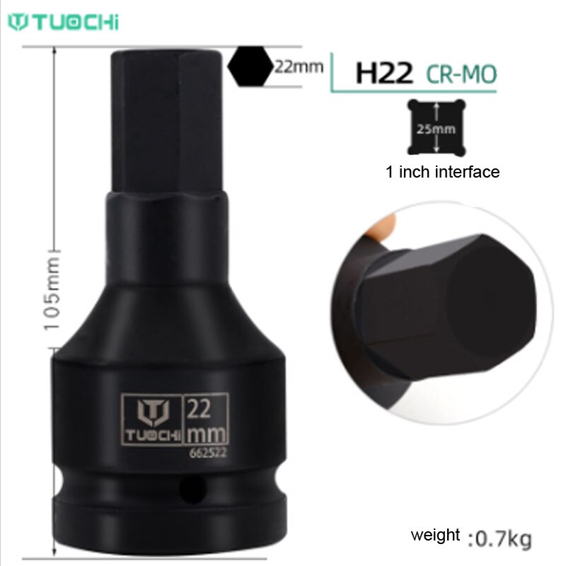 1PCS 1 inch Drive Impact Bit Socket CR-MO Heavy Hex Socket Bit Adapter 105mm Lenght Allen Key Wrench Head Pneumatic Socket Set: H22