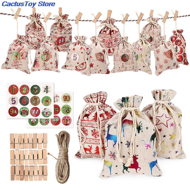 24pcs 1-24 Numbers Bag Christmas DIY Advent Calendar Ornament Christmas Bags Calendar Countdown Bag Candy Storage Pouches