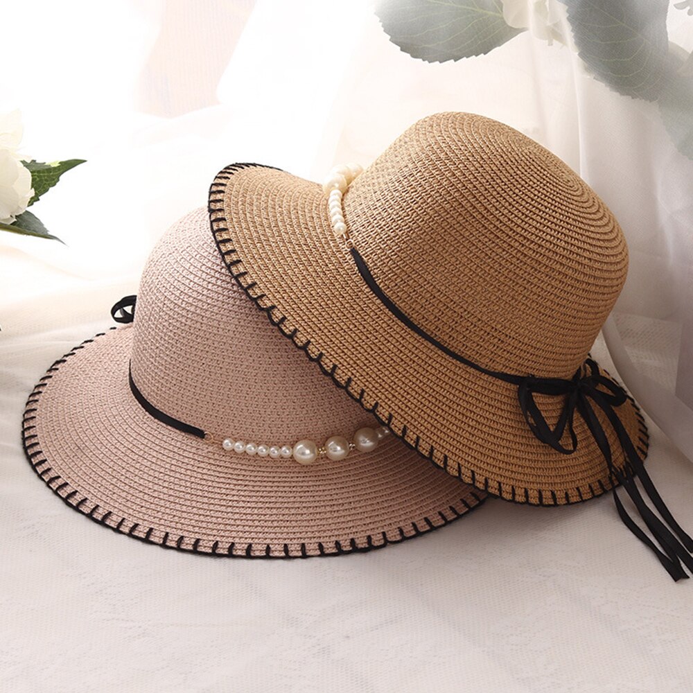 zomer Mode Zomer vrouwen Opvouwbare Wide Brim Grote Elegante Parel Strand Zonnehoed Stro Strand Cap Voor dames Meisjes