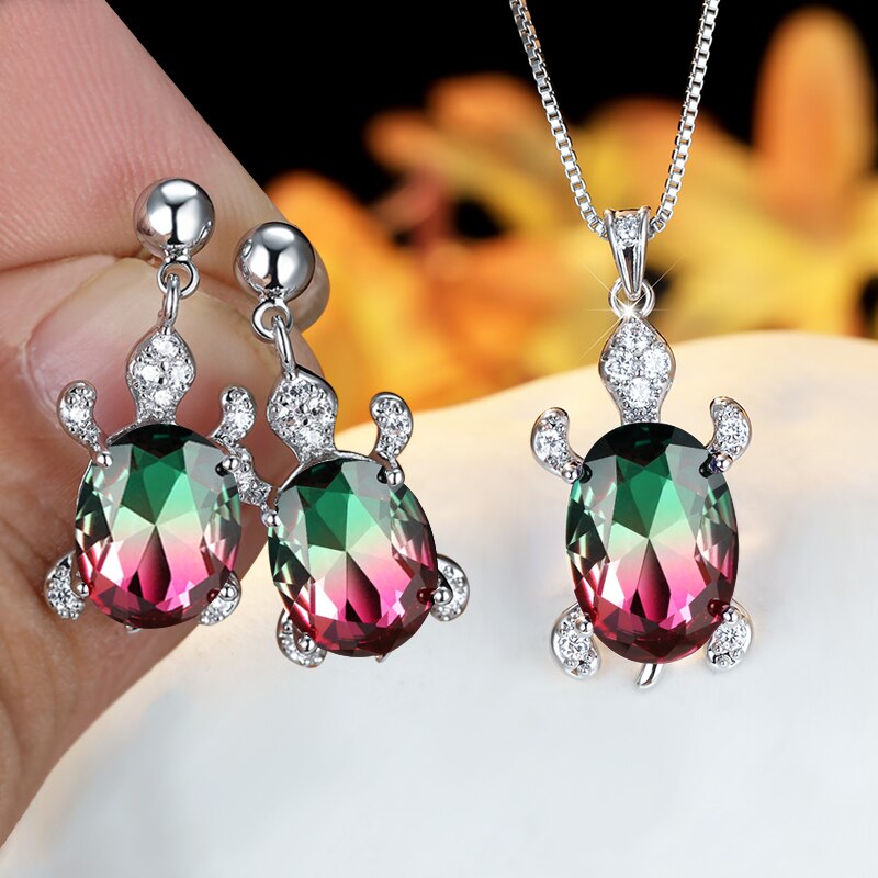 Regenboog Opaal Grote Ovale Steen Zee Schildpad Sieraden Sets Multicolor Crystal Tortoise Kettingen Oorbellen Voor Vrouwen Wedding Bridal Sets: Red Green