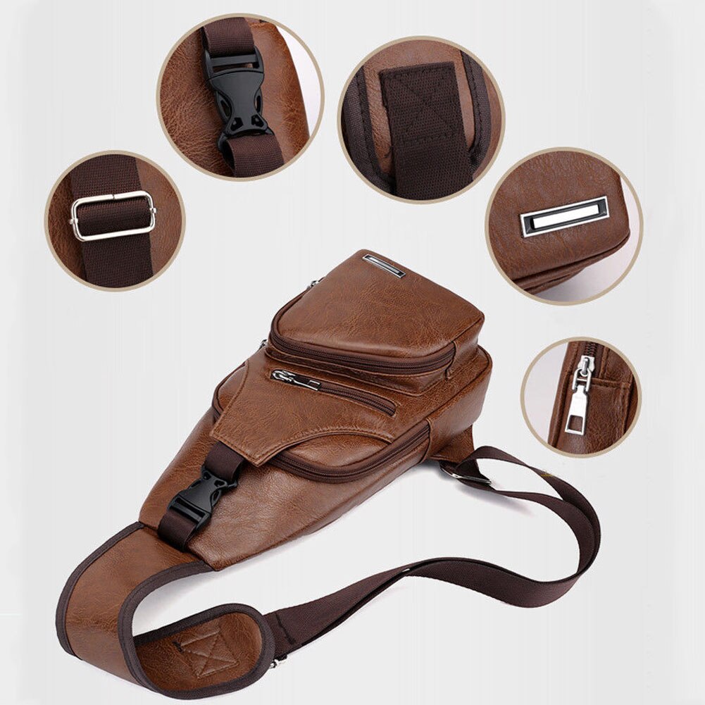 Men's Leather Sling Pack Chest Shoulder Crossbody Bag Biker Satchel Men Briefcases Sales