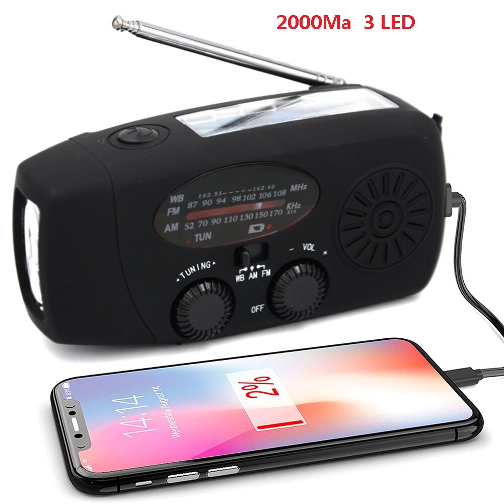 10000Mah Emergency Radio Draagbare Solar Hand Crank Radio Am/Fm/Noaa Led Zaklamp Sos Alarm Power Bank speaker Weer Radio: 2000mAh Black