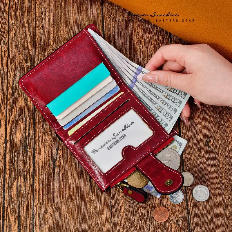 RFID Anti-Theft Retro Wallet for Women, Multi-Card Zipper, Zipper Buckle, Coin Wallet, Multi-functional Short Wallet