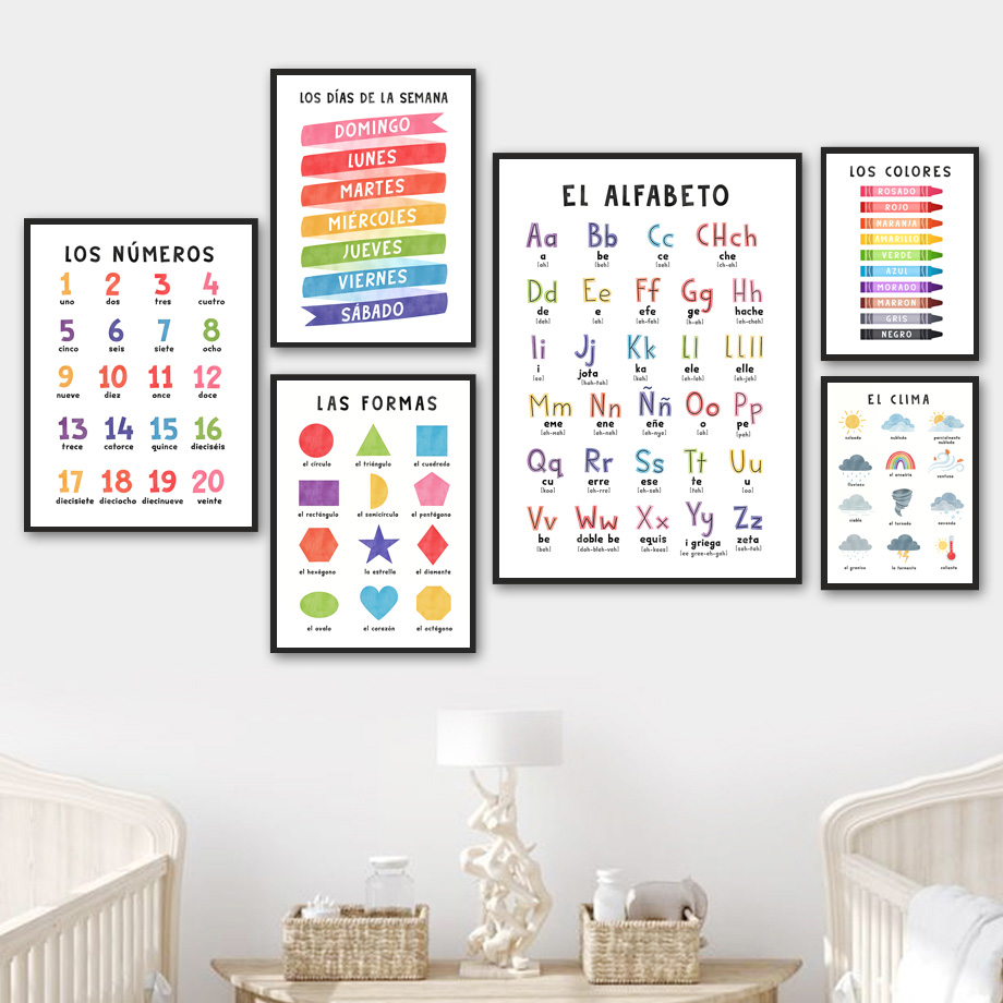 Alfabeto español educativo, números, clima, arte de pared para guardería, pintura en lienzo, carteles e impresiones, imagen para decoración de habitación de bebés y niños
