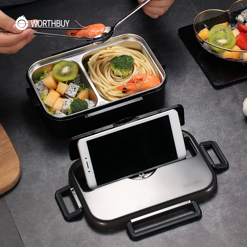 WORTHBUY fiambrera japonesa para niños con compartimentos, caja Bento de acero inoxidable 304 para niños, caja contenedora de alimentos con vajilla