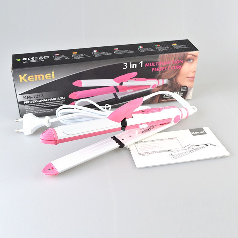 Kemei 3 in 1 plattång eu plug hair locktång keramisk uträtning majsklämma 210v-240v strykjärn stylingverktyg 43d