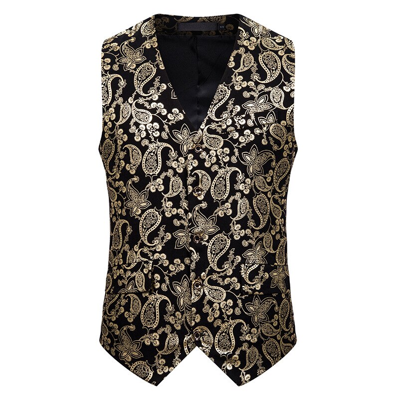 Herrslim metallic paisley tryck väst herr enkelknäppt kostym väst smoking väst herr gotisk aristokrat steampunk gilet herr: Gyllene / Xxl