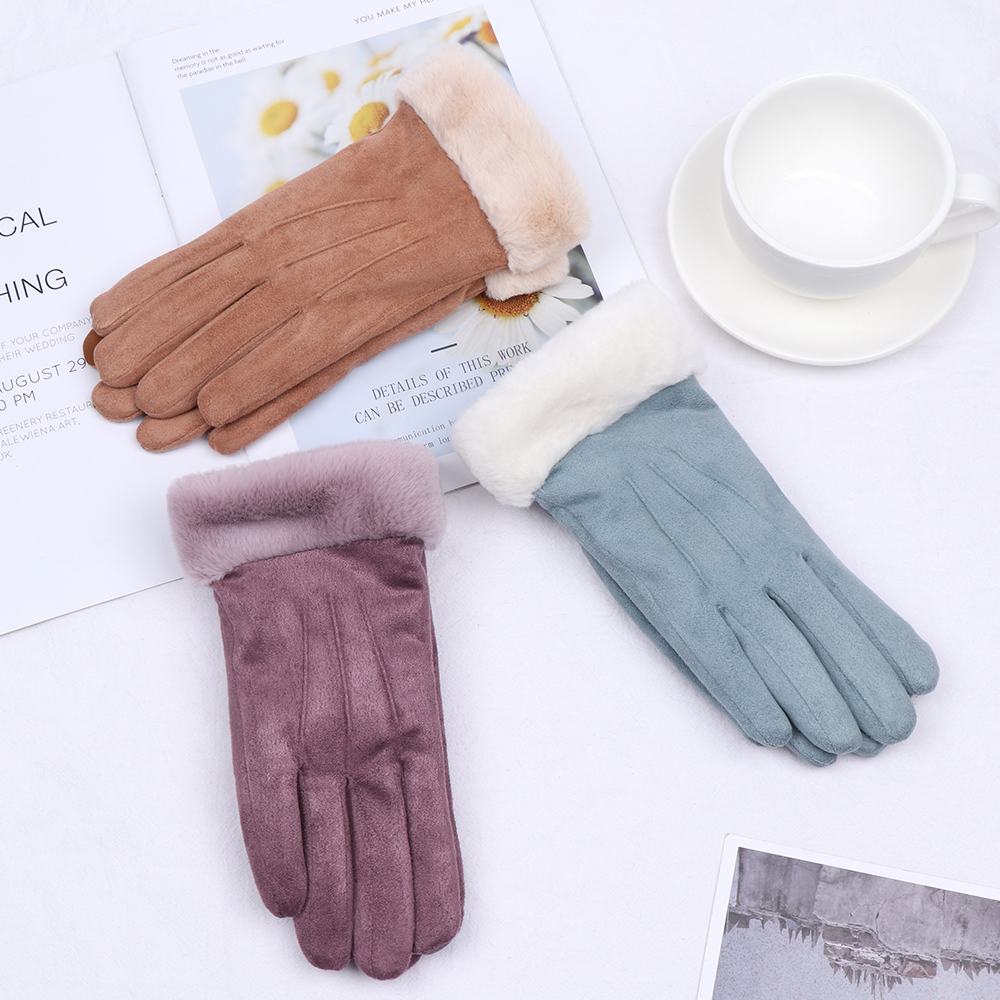 Winter Gloves Cute Furry Warm Gloves with Full Fingers Outdoor Sport Plus Velvet Touch Screen Gloves Driving Gloves