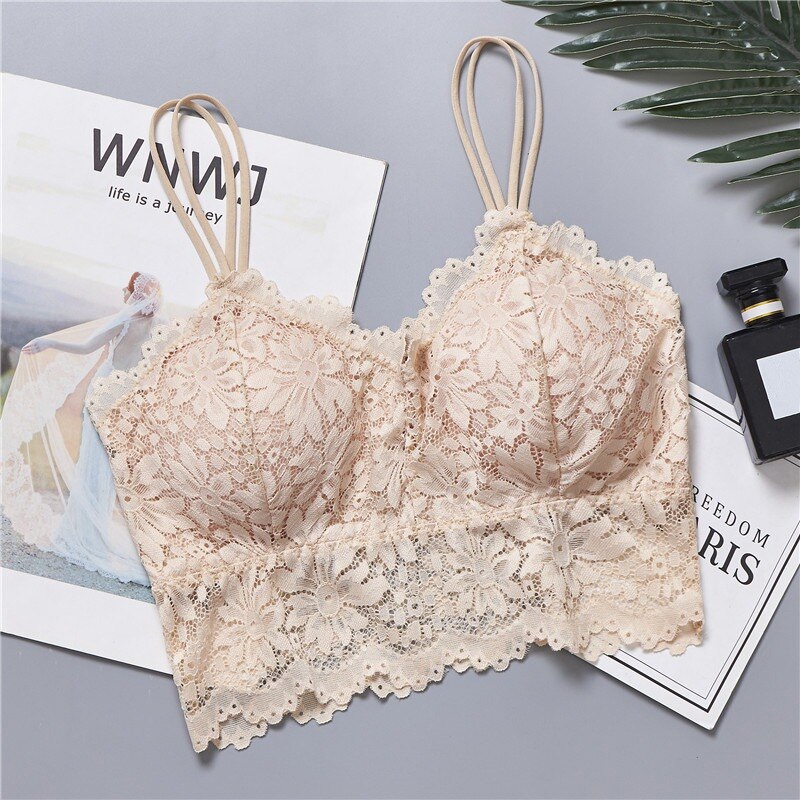 Women Sexy Lingerie Lace Floral Bralette Bra Tank Camis Underwear Lace Bra Crop Tops Brassiere T1: NUDE / M