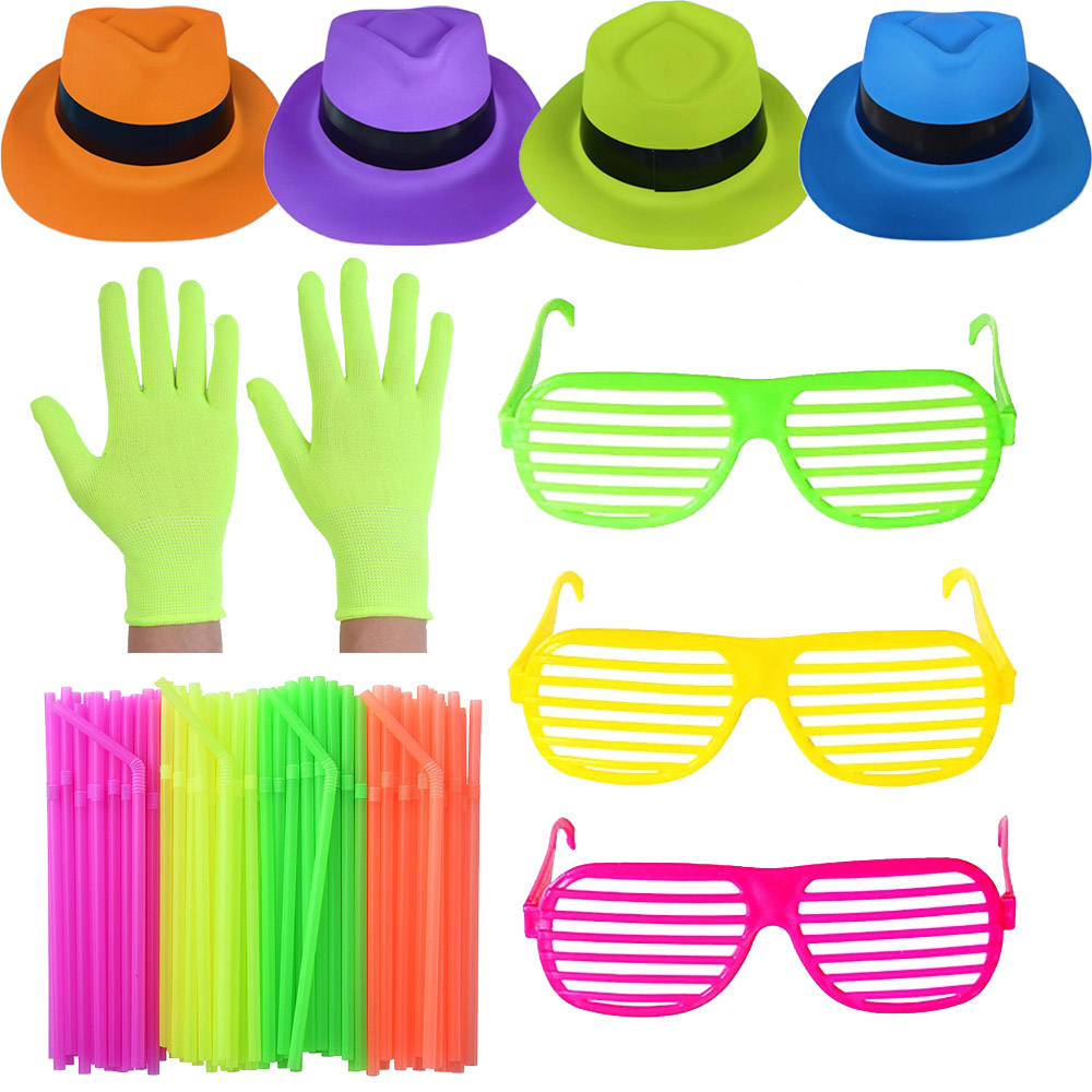 Décorations de fête à lumière UV, chapeau formel de réaction à lumière noire, gants fluorescents, lunettes en paille néon, fournitures de fête
