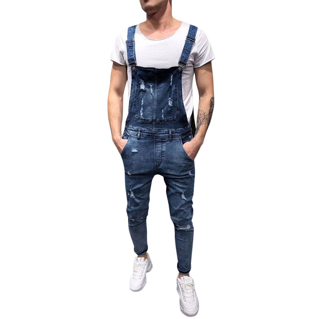 Men's Ripped Jeans Jumpsuits Hi Street Distressed Denim Bib Overalls For Man Suspender Pants Size S-XXXL: Blue / XXL