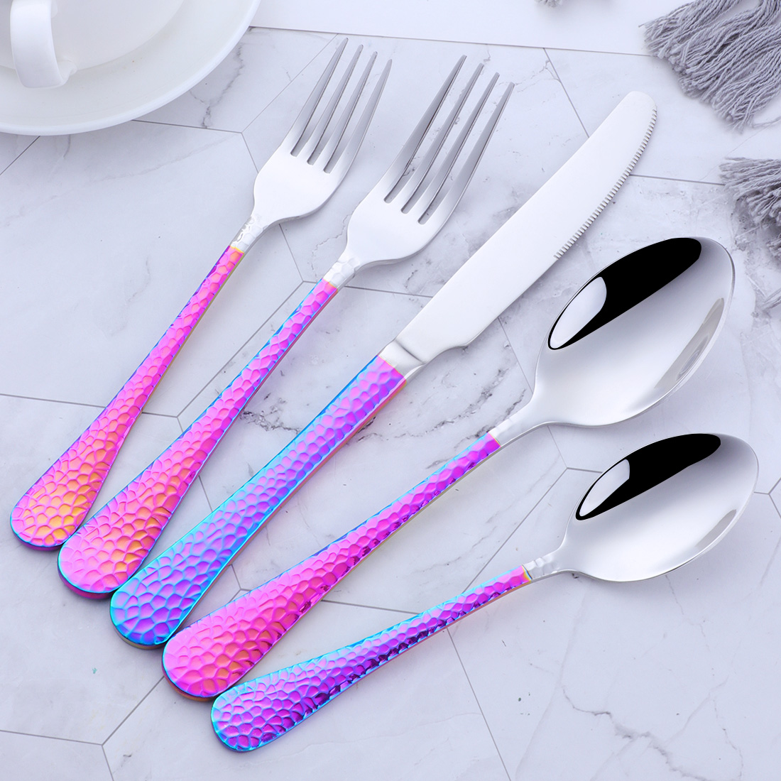 5/20PCS Flatware Silverware Set Rainbow Stainless Steel Colorful Dinner Knife Fork Scoop Dinnerware Set Hotel Tableware Utensil