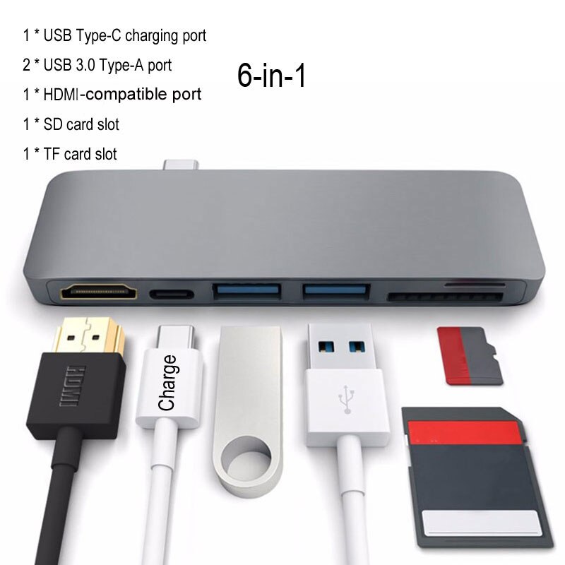 Marsea Thunderbolt 3 Usb C Hub Hdmi-Compatibel Met Pd Tf Sd Kaartlezer 3.0 Hub Usb C Dock voor Macbook Pro/Air USB-C Otg: T53 Gray