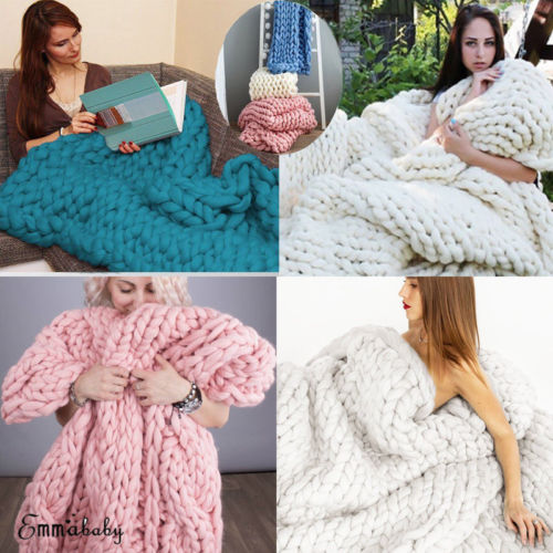 Chunky Knitted Thick Blanket Hand Wool Bulky Knit Throw Sofa Blanket Handmade US