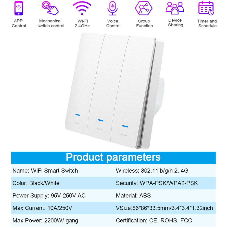 Tuya Wifi Smart Switch 86 Eu Lichtschakelaar Werken Met Alexa Google Home 1 2 3 Gang 2200W Muur schakelaar Voice Control Smart Leven App