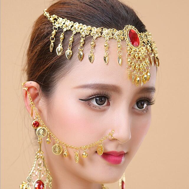 1 einstellen 3 stück Indische Bauchtanz Nase Ringe Und Nieten Ohr Kette Frauen Gold Ohrringe Nase Halskette Band Earing körper Schmuck