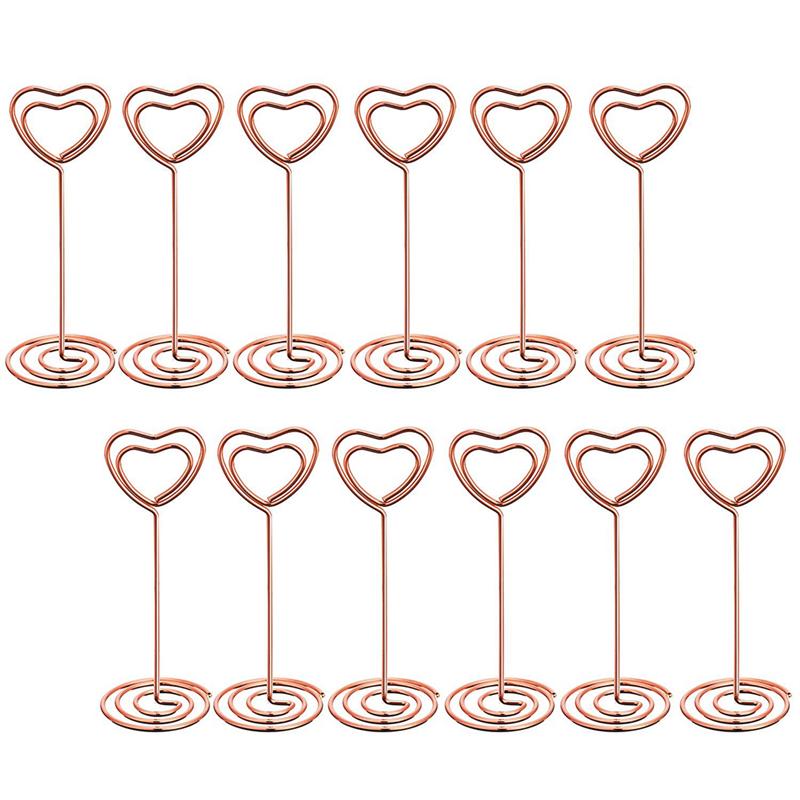 12 st roséguld hjärtform fotohållare står bord nummerhållare platskort pappersmenyklämmor för bröllop