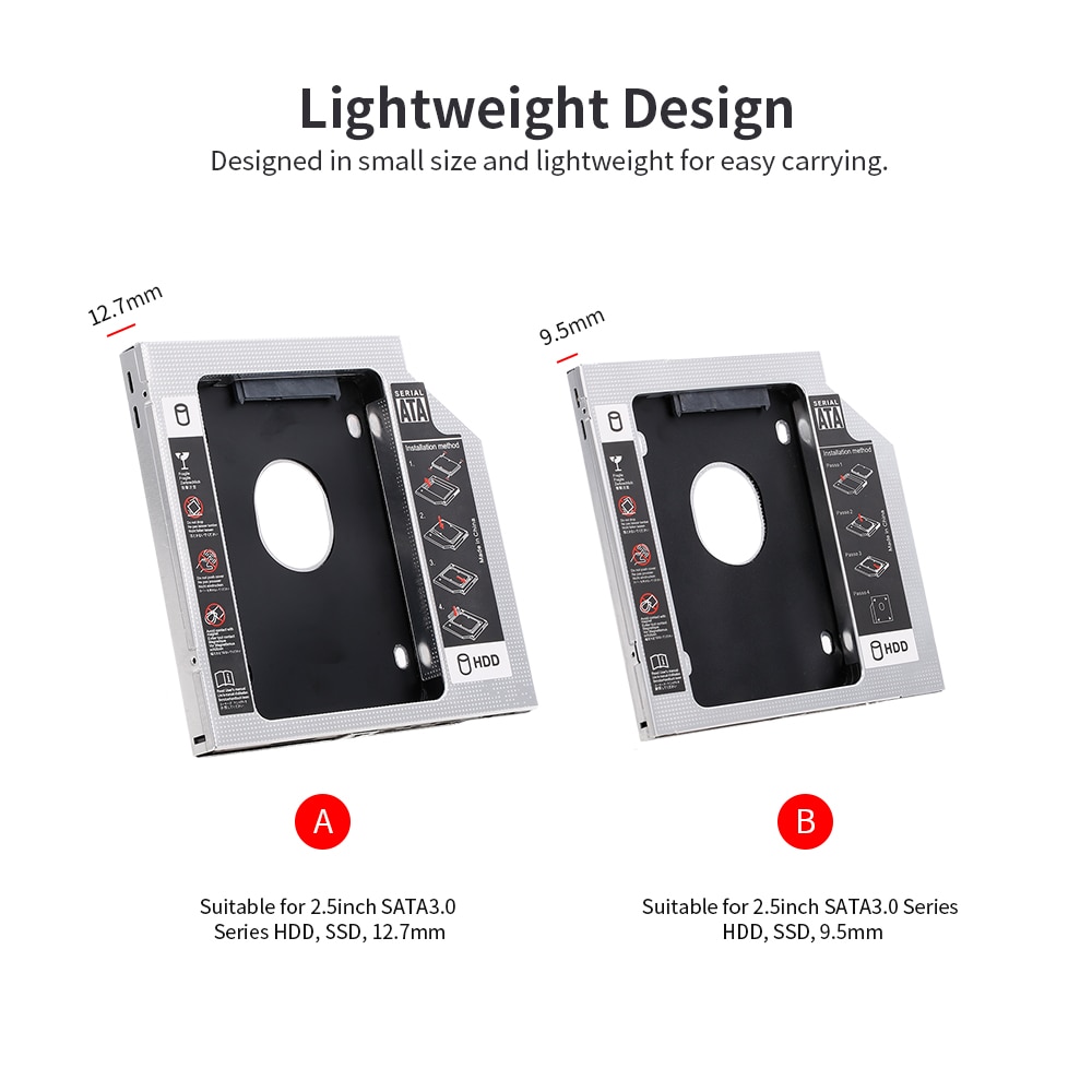 Aluminum Alloy SATA3.0 2nd HDD Caddy 12.7mm 2.5 Inch SSD HDD Enclosure for Desktop PC Laptops