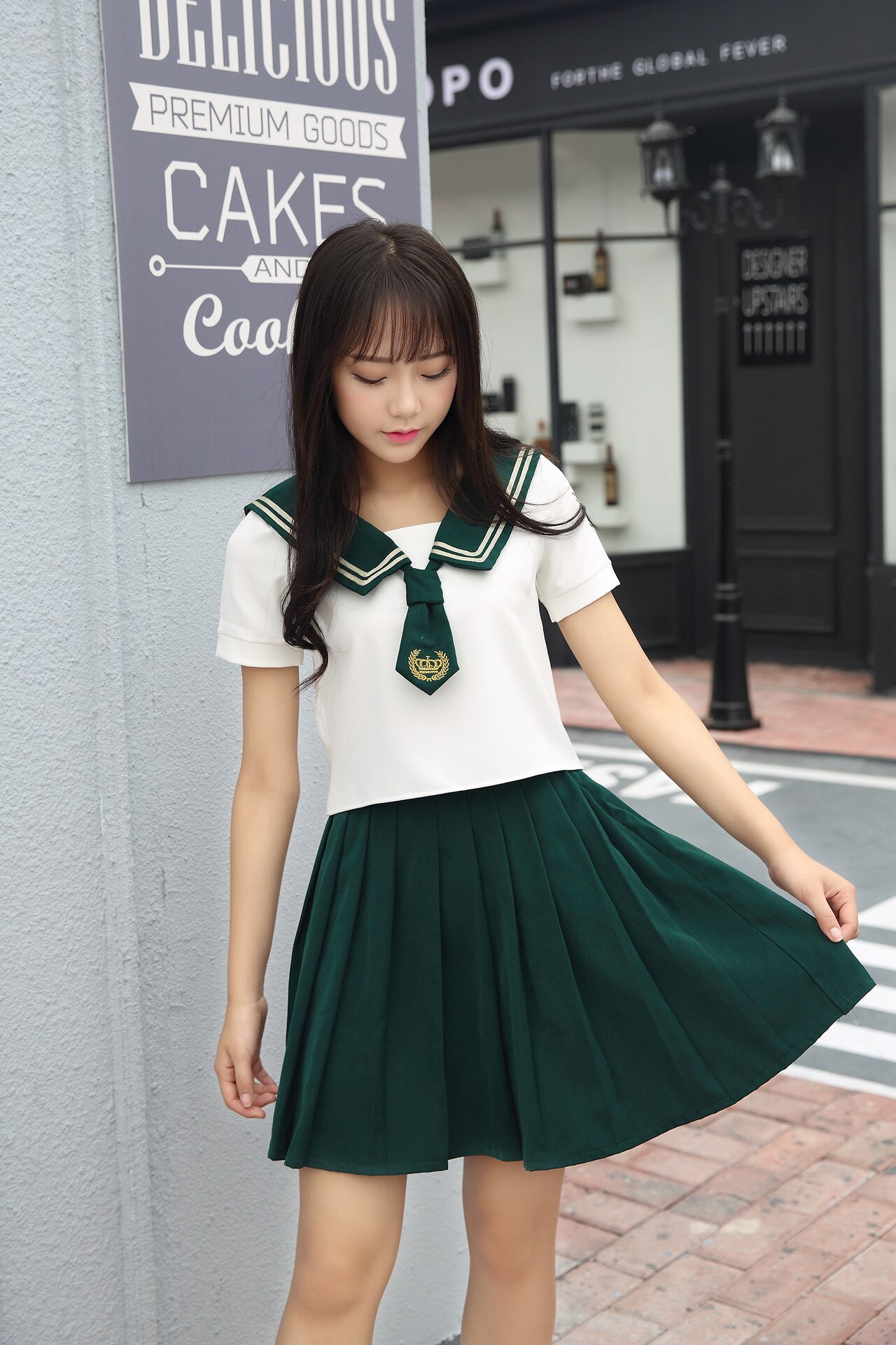 Girl Japanese Uniform Sailor School Uniform Set Plus Size XL White-Green Skirt Short Sleeve Shirt