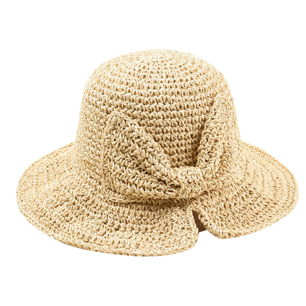femmes été chapeau plage paille chapeau Panama dames casquette Vintage plat large bord Bowknot soleil chapeaux pour femmes Sombrero Mujer: Beige