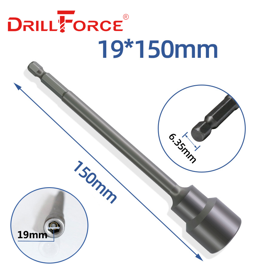 Drillforce 5.5-19x150mm Magnetic Nut Driver Set Impact Socket Sleeve Adapter Screwdriver Drill Bit 1/4" Quick Change Hex Shank: 19x150mm