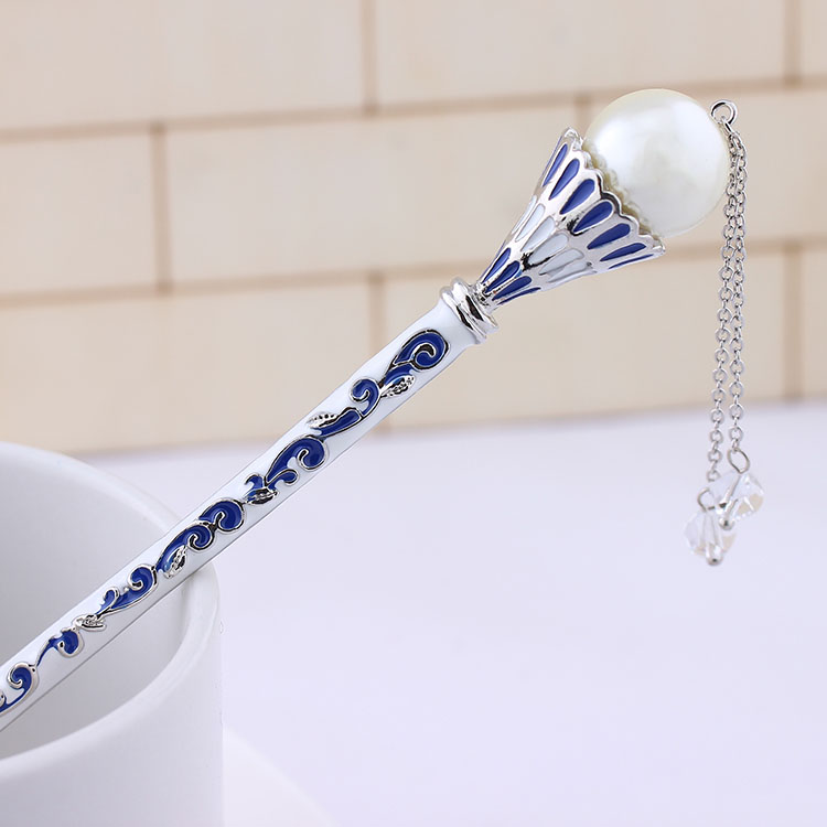 muylinda Chinese Style Enamel Fan Hair Stick Women Costume Classic Metal Charm Hairpins Jewelry: big pearls