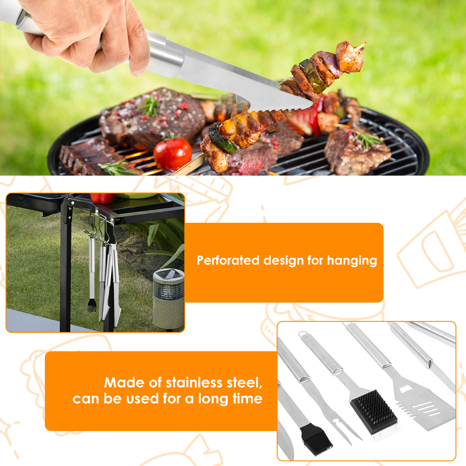 6Pcs Grill Tools Set Stainless Steel Grilling Accessories Kit Insulated BBQ Tool Set with Ergonomic Extended Handle for BBQ