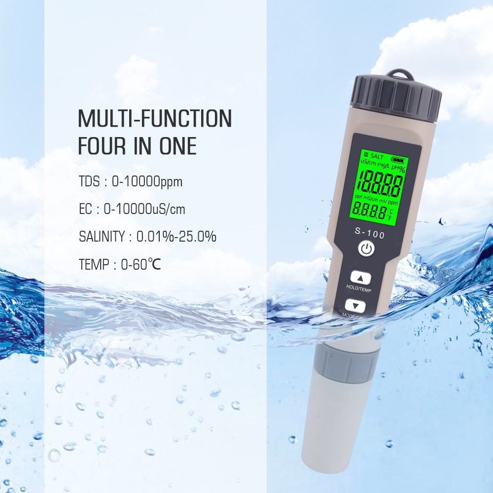 4 in 1 tds/ec/salinity/tem meter digital vandmonitor tester saltindholdstester til pools, drikkevand, akvarier, spa