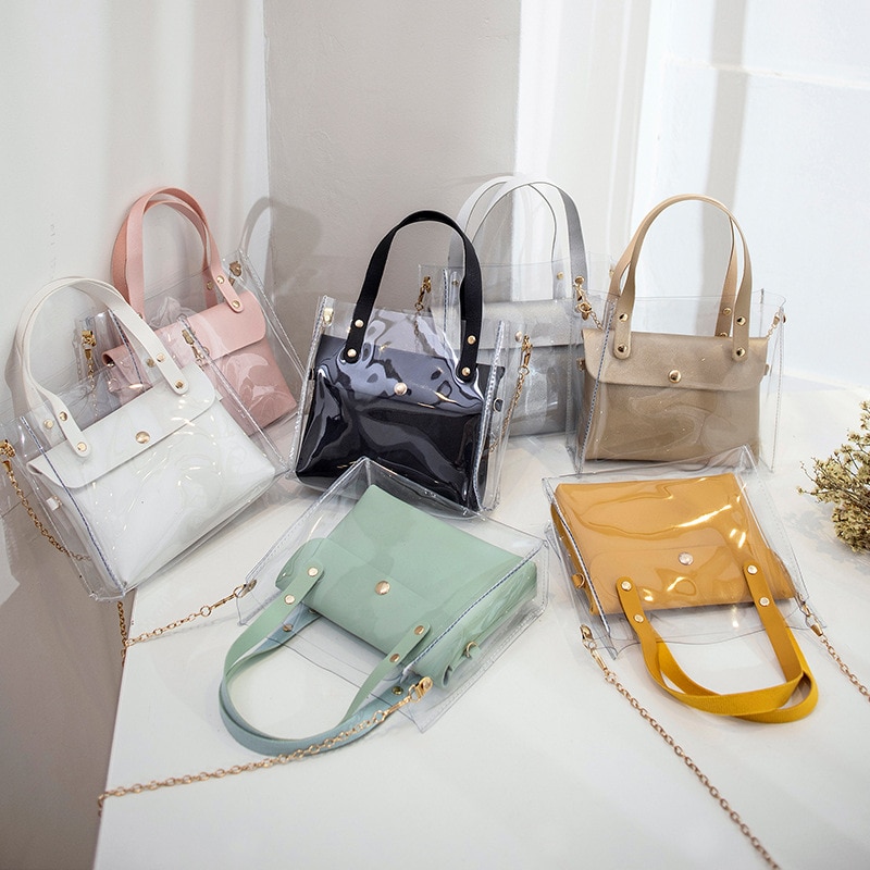 Handtas Pu Vrouwen Schoudertas Transparante Metalen Ketting Dual-Gebruik Snoep Kleur Tote Messenger Lady portemonnee
