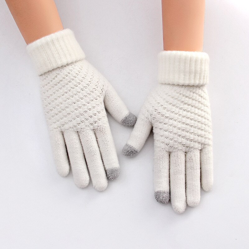 Vinter tykke berøringsskærmshandsker kvinder varm strik strik vanter efterligning uld fuld finger guantes kvindelig hækling: Hvid