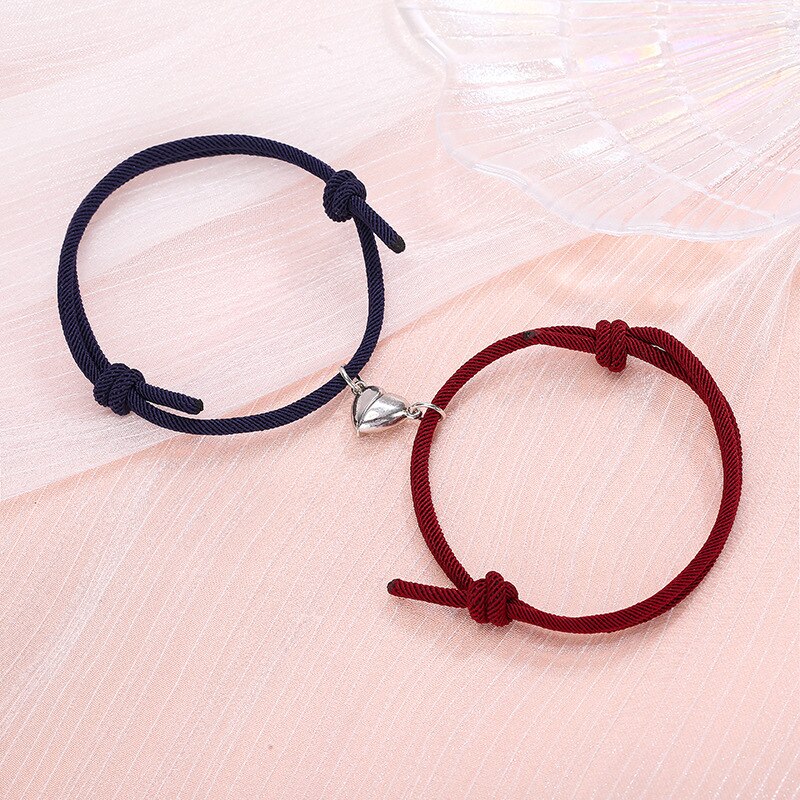 2Pcs/Set Minimalist Lovers Heart Matching Friendship Bracelet Rope Braided Couple Magnetic Distance Bracelet Kit Lover Jewelry: Blue Wine Red