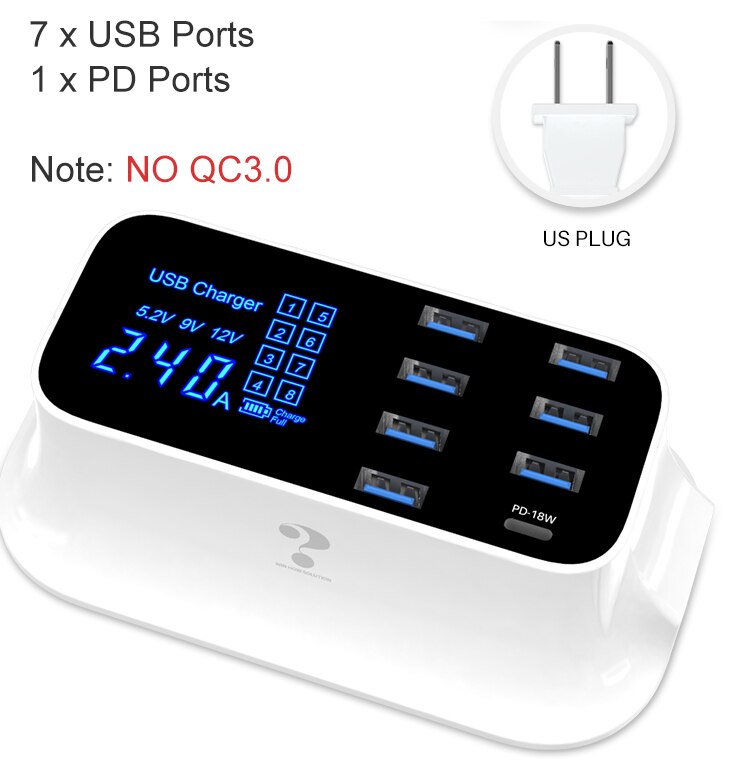 Goojodoq Quick Charge 3.0 40W 8-Port Usb Charger/Type C/Pd Charger Smart Led Display usb Snel Opladen Adapter Voor Telefoon Tablet: B-US Plug