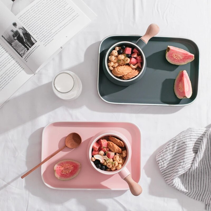 Tazón de cerámica con mango de madera para leche, plato de porcelana rosa y gris, bandeja creativa, juego de vajilla para postres y desayuno