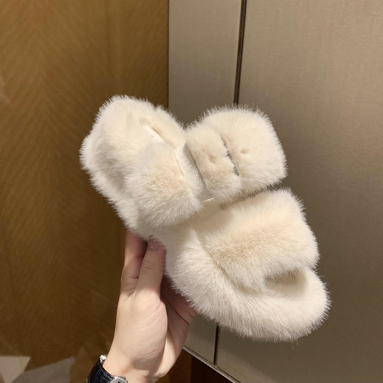 Women Fur Slippers Winter Platform Wedge Heel Indoor Non Slip Rubber Sole Slides Buckle Decoration Comfortable Shoes