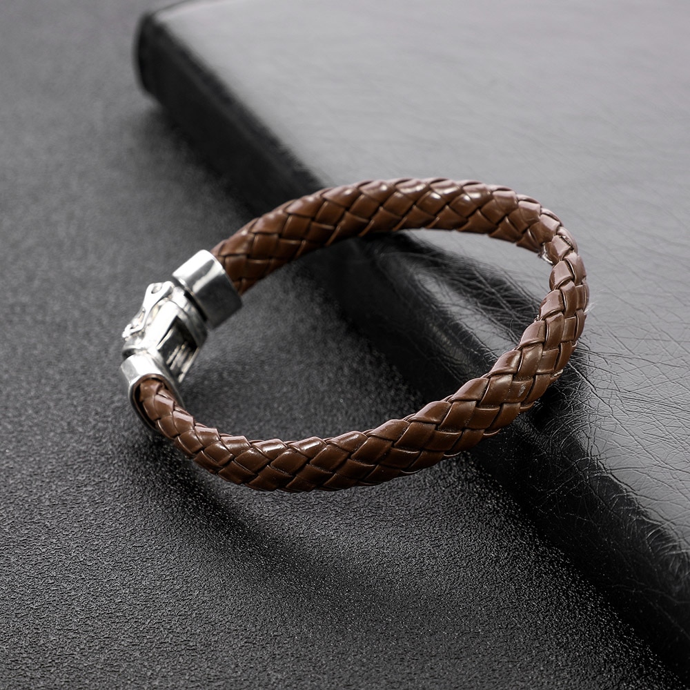 925 Silver color Men Jewelry Buddha Bracelet Wristband Punk Black Braided Leather Bracelet for Men Safty Clasp Bangles