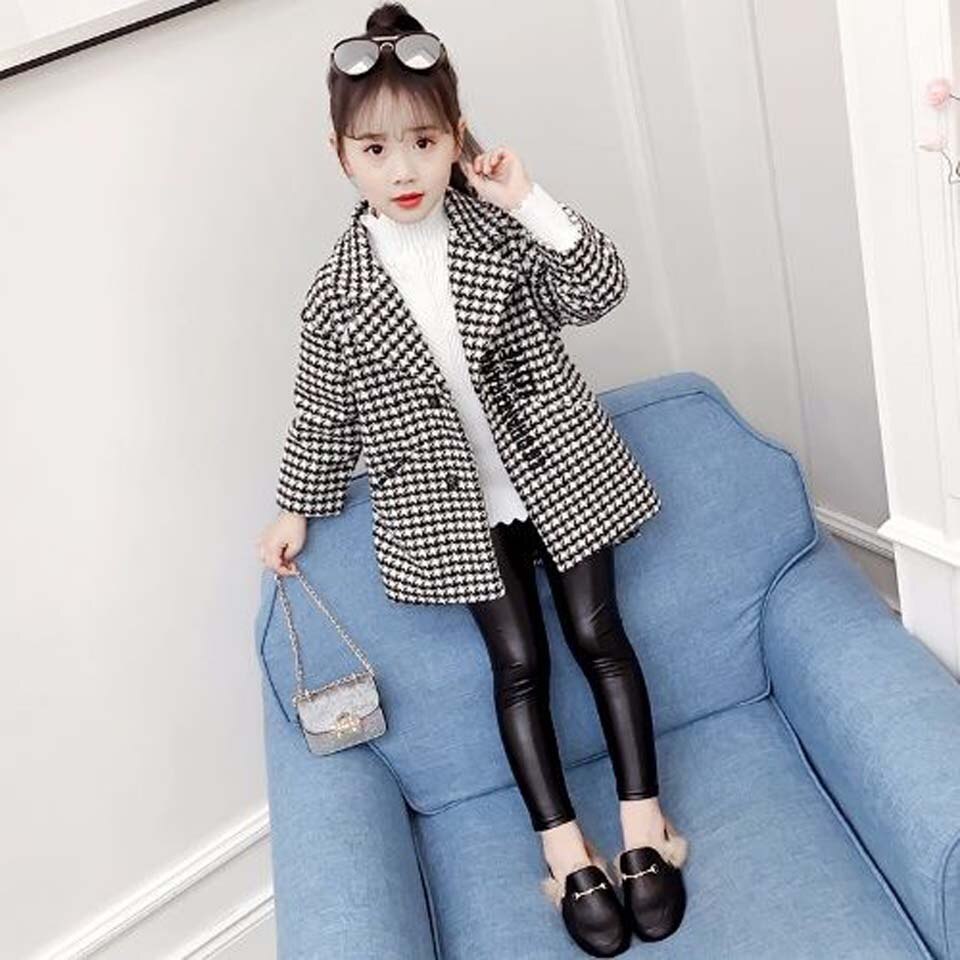 Veste coupe-vent en laine pour fille, manteau Long d'hiver, automne, vêtements chauds d'extérieur, Plaid, 020