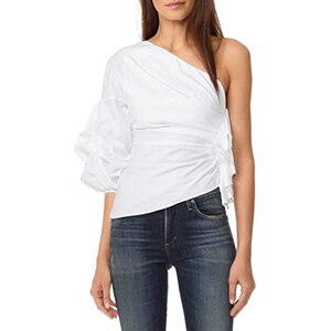 Bella Philosophy spring women three quarter sleeve blusas solid ladies ruffles shirt skew collar female puff sleeve blouse: WHITE / L