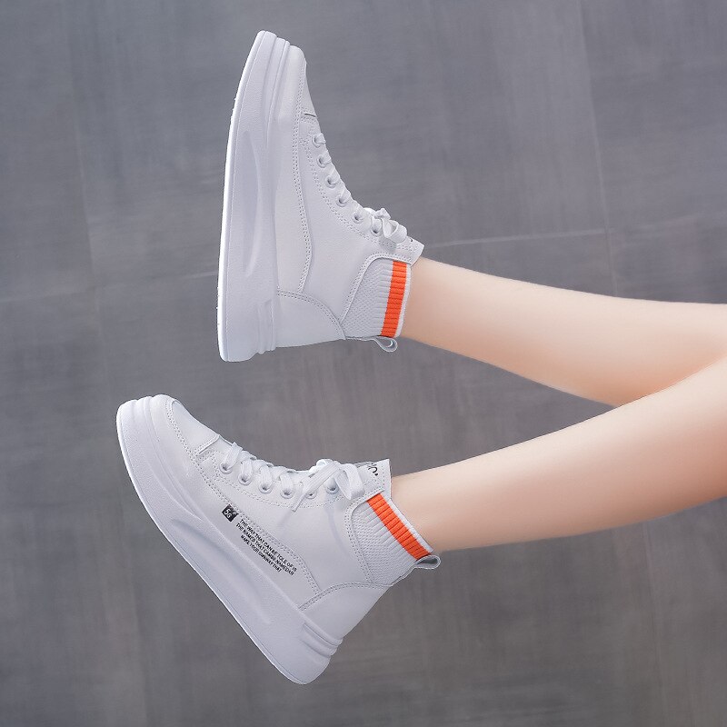 Frauen Turnschuhe Leder Plattform Schuhe Frühling Koreanische Weiße Turnschuhe Damen Spitze hoch hoch oben Turnschuhe Vulkanisierte Schuhe Frauen