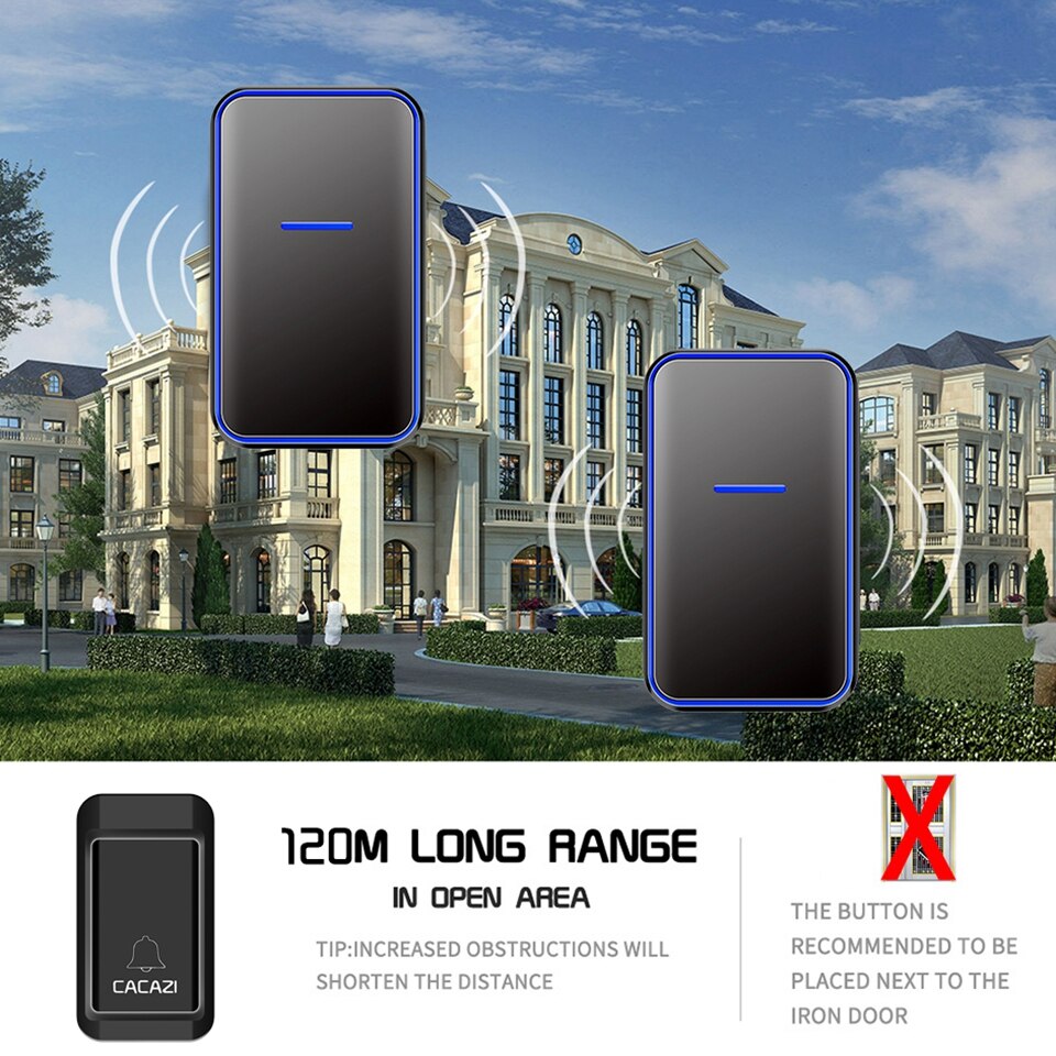 Cacazi Waterdichte Self-Powered Draadloze Deurbel Met Geen Batterij Nodig Home Deur Ring Bell 2 Knop 5 Ontvanger Ons eu Uk Plug