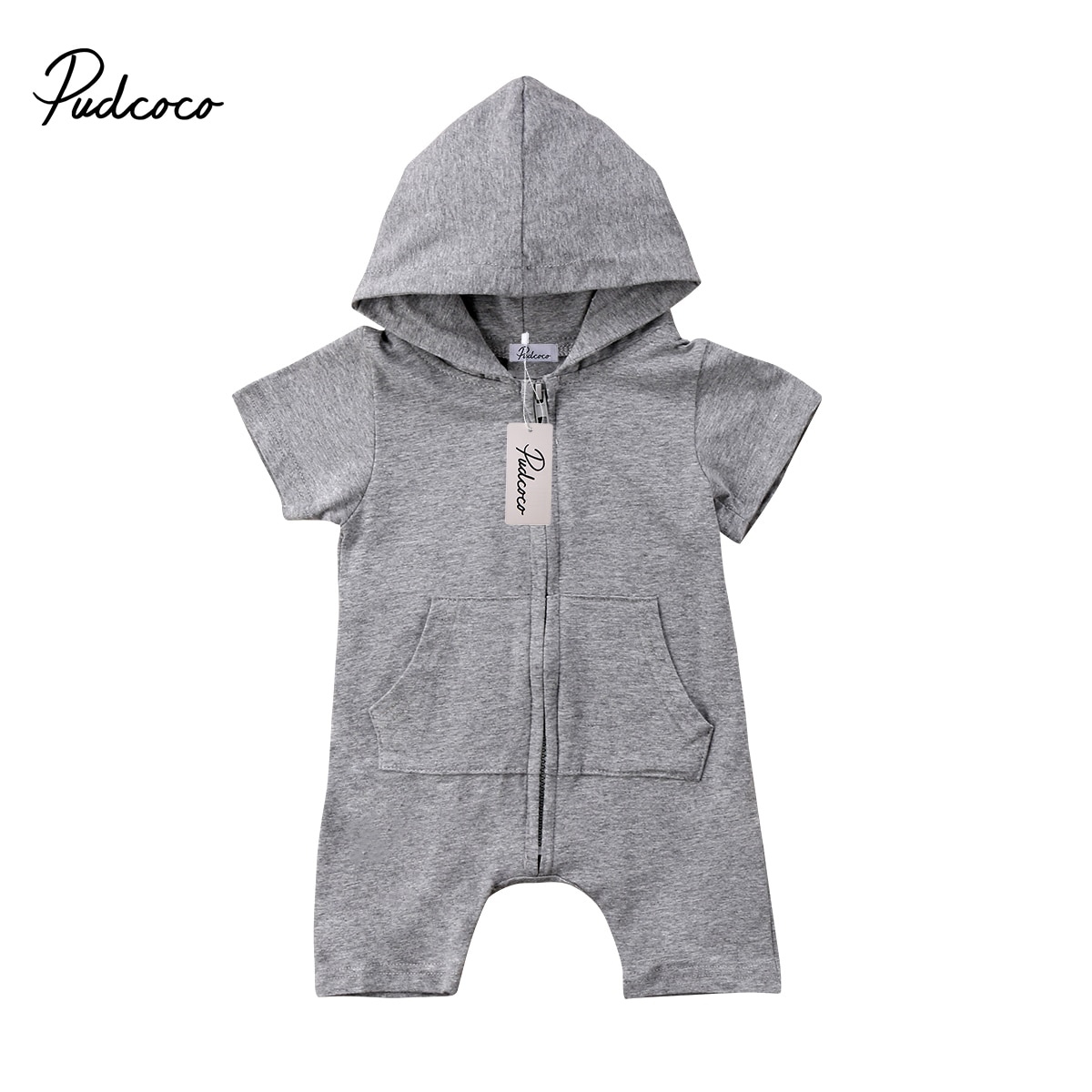 Brand Newborn Toddler Baby Boy Girl Zip Up Romper Hooded Clothes Short Sleeve Outfits Solid Summer Sunsuit Clothing