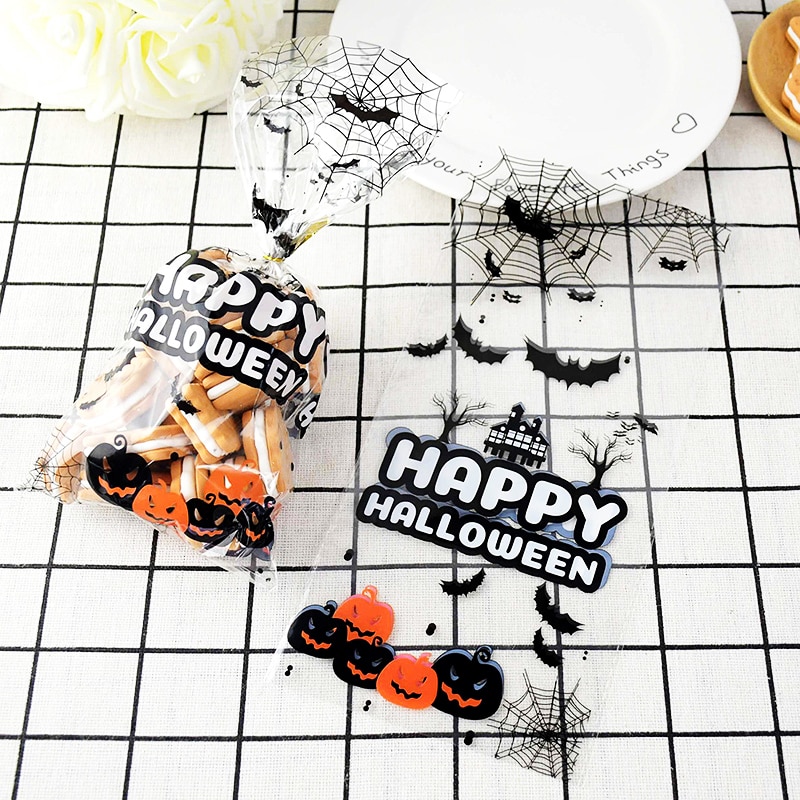50 Stks/partij Halloween Snoep Tas Happy Halloween Traktatiezakken Koekjes Snack Plastic Verpakking Zakken Duidelijk Koekje Zak Halloween Decor