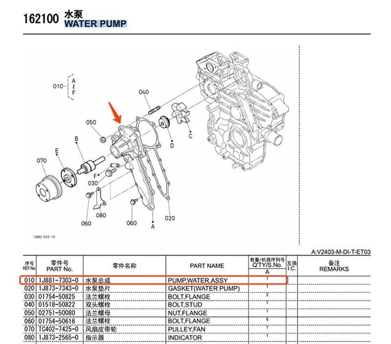 water pump 1J881-73030 for kubota V2403 688 harvester