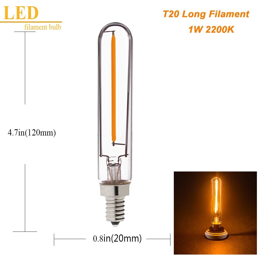 Grensk  t20 led glødetrådspære  g9 led 1w 2w e12 e14 110v 220v varm 2200k varm hvid 2700k dæmpbare lysekrone led vintage lys: T20l 1w 2200k / E12 110-130v