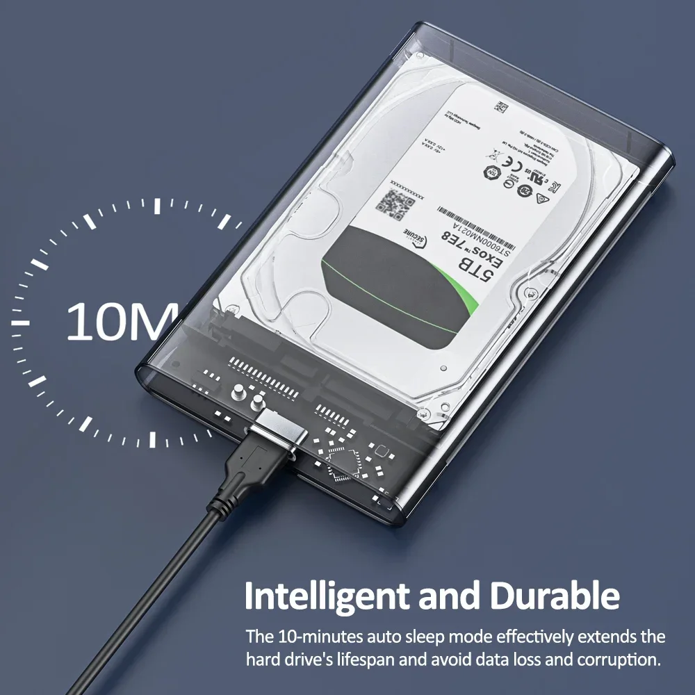 USB 3.0 External Hard Drive Enclosure 2.5 inch SATA to USB3.1 UASP Clear Portable Hard Drive Case 2T HDD Tool-Free Transparent