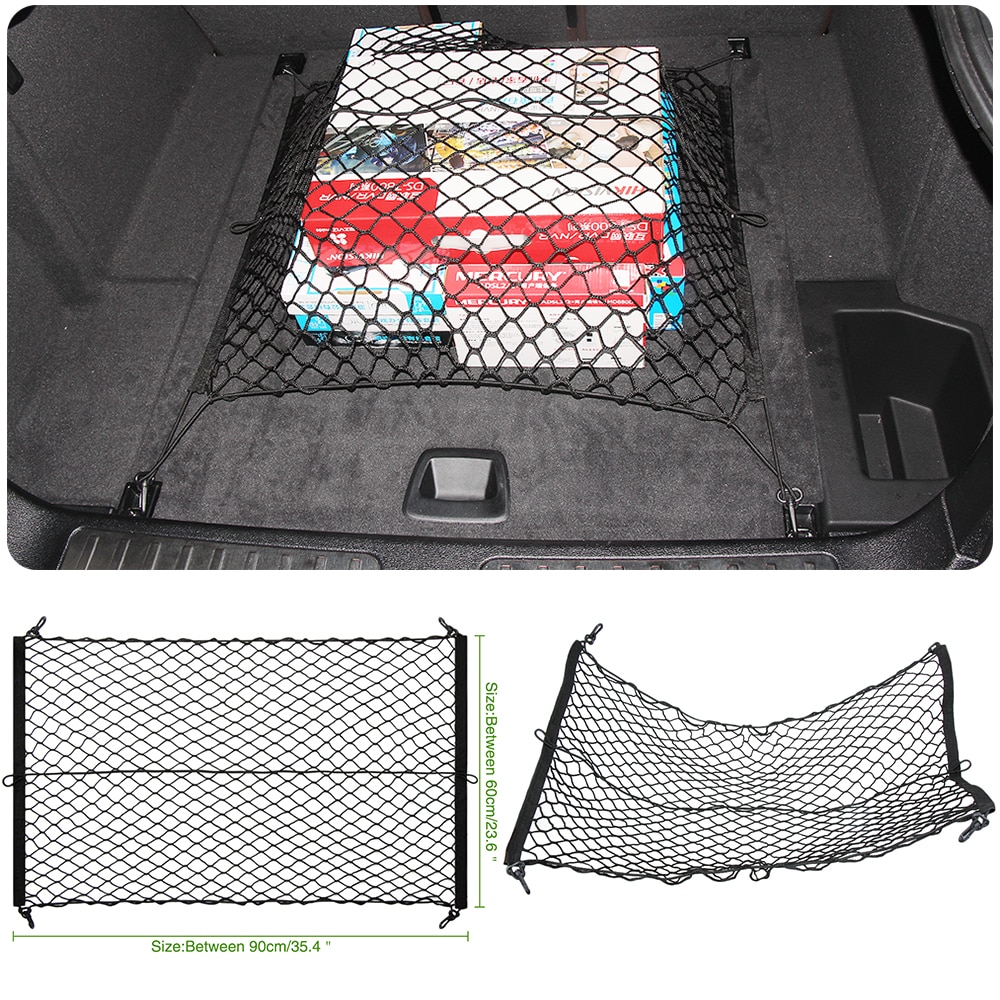 90 cm x 60 cm Zwart Nylon Kofferbak Netto Bagage Organizer Bag Achterlichten Mesh Netwerk Met 4 haken Fit SUV MPV