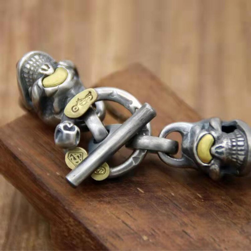 Pulsera de anillo grueso con doble calavera y ojo dorado para hombre y mujer, brazalete Retro, accesorios de joyería hechos a mano,